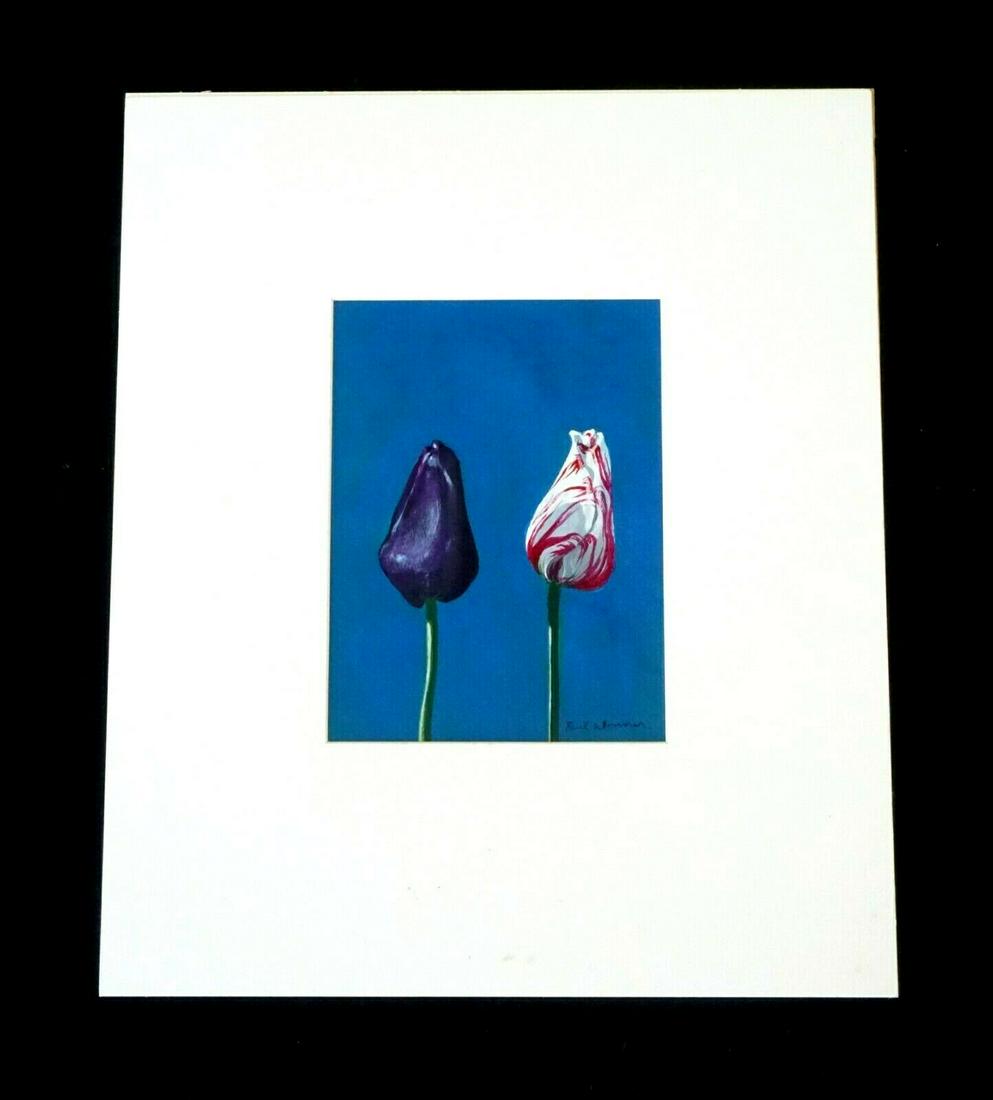 Vintage Cali Acrylic Painting Tulips Paul John Wonner: Up for sale from a recent estate in Honolulu Hawaii, this Vintage California acrylic painting on paper that is titled "tulips" and depicts two colorful tulips on dark blue ground and is signed by the 
