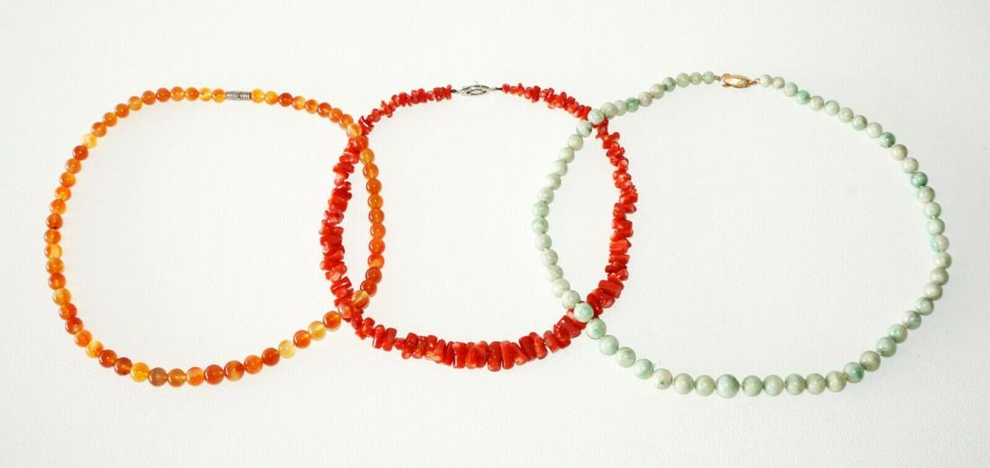 3 Vtg Chinese Bead Necklaces Jadeite, Coral, Carnelian: Up for sale from a local estate in Honolulu Hawaii these 3x Vintage Chinese bead necklaces that include Jadeite Jade beads, tumble polished red coral branches and orange reddish carnelian beads (beads