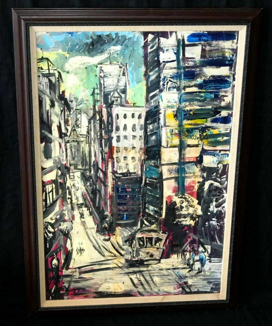 70s San Francisco Abstract Street Car by P. Cucaro: Up for sale from a recent client in Honolulu Hawaii, this circa 1970s US san Francisco framed oil on canvas painting that is untitled but depicts a San Francisco street that is lined with high-rise bu