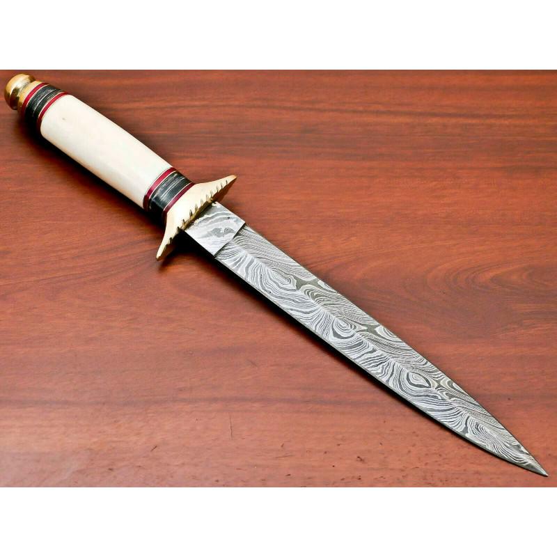 Hunting damascus steel knife camel bone hard wood: Knife "Nahant" • Blade - damask steel • Handle – camel bone, hard wood • Scabbard – leather (included) • Blade hardness – 58-60 HRC • Total length – 330 mm. • Blade length – 204 