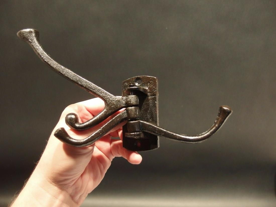 Cast Iron Wall Hook Swivel Folding Coat Hanger Hardware: 1) Hook Back plate is 3 1/4" Tall.. 1 5/8" Wide 6" Extension Great sturdy iron wall hook cast from an antique. 3 folding arms Great black finish! Reserve: $12.00 Shipping: Domestic: Flat-rate of $5.00