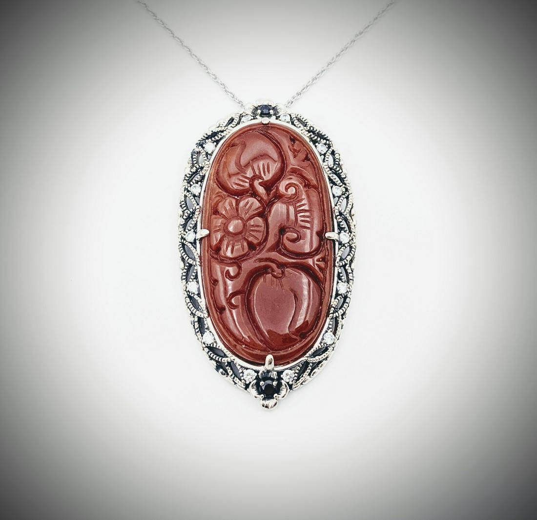 925 SS Necklace & Engraved Jasper Pendant w Red Garnet: Title: 925 SS Necklace & Engraved Jasper Pendant w Red Garnet & CZ Brand: Jean Lin Collection Metal Purity: 925 Sterling Silver Gemstones: Engraved Jasper, Red Garnet & Cubic Zirconia Carat Weights: P