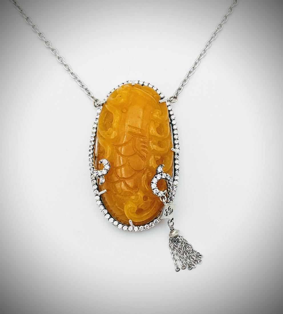 Necklace w Engraved Yellow Jadeite & CZs Pendant (1 of 3)