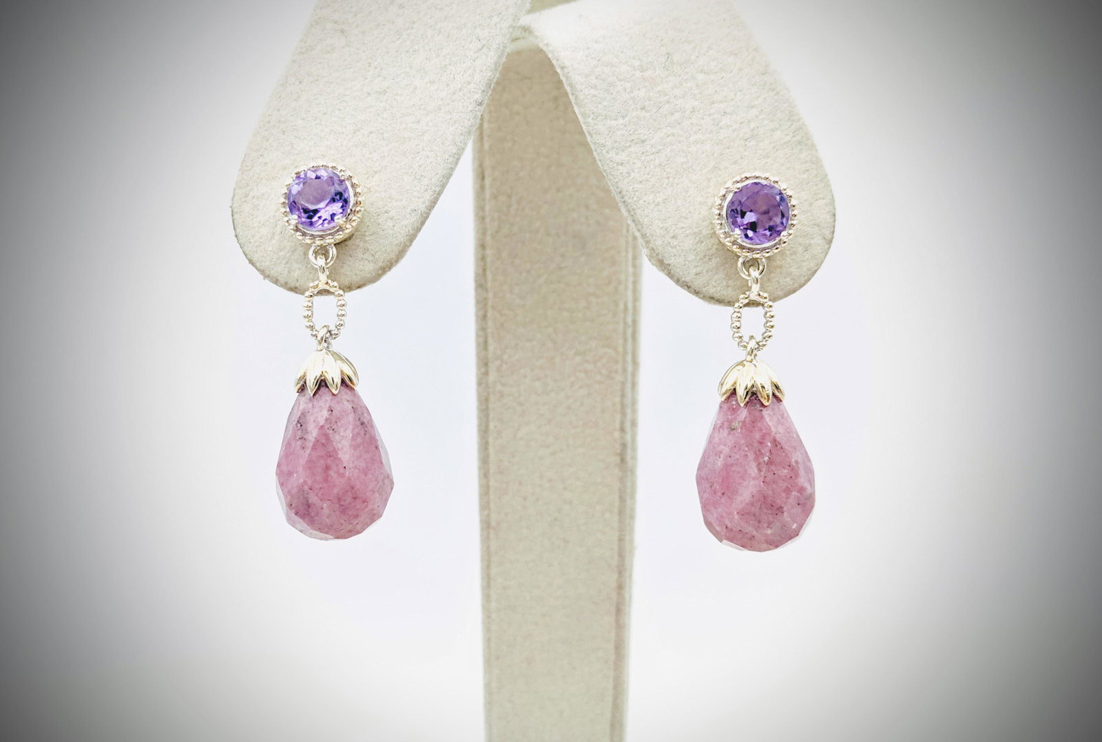 Rhodonite & Amethyst Earrings: Title: Rhodonite & Amethyst Earrings Brand: Jean Lin Collection Metal Purity: Gold Plated 925 Sterling Silver Gemstones: Rhodonite & Amethyst Carat Weights: Each Earring has 1 Round Amethyst at 5mm (0