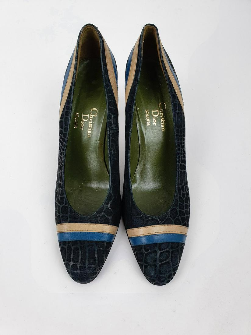 Christian Dior heels: No Reserve! Title: Christian Dior heels Date/Period: 1980-1990 Dimension: Size 38 Material: Leather Additional Information: Christian Dior vintage leather heels size 38Petrol-blue - kobalt-yellow stri