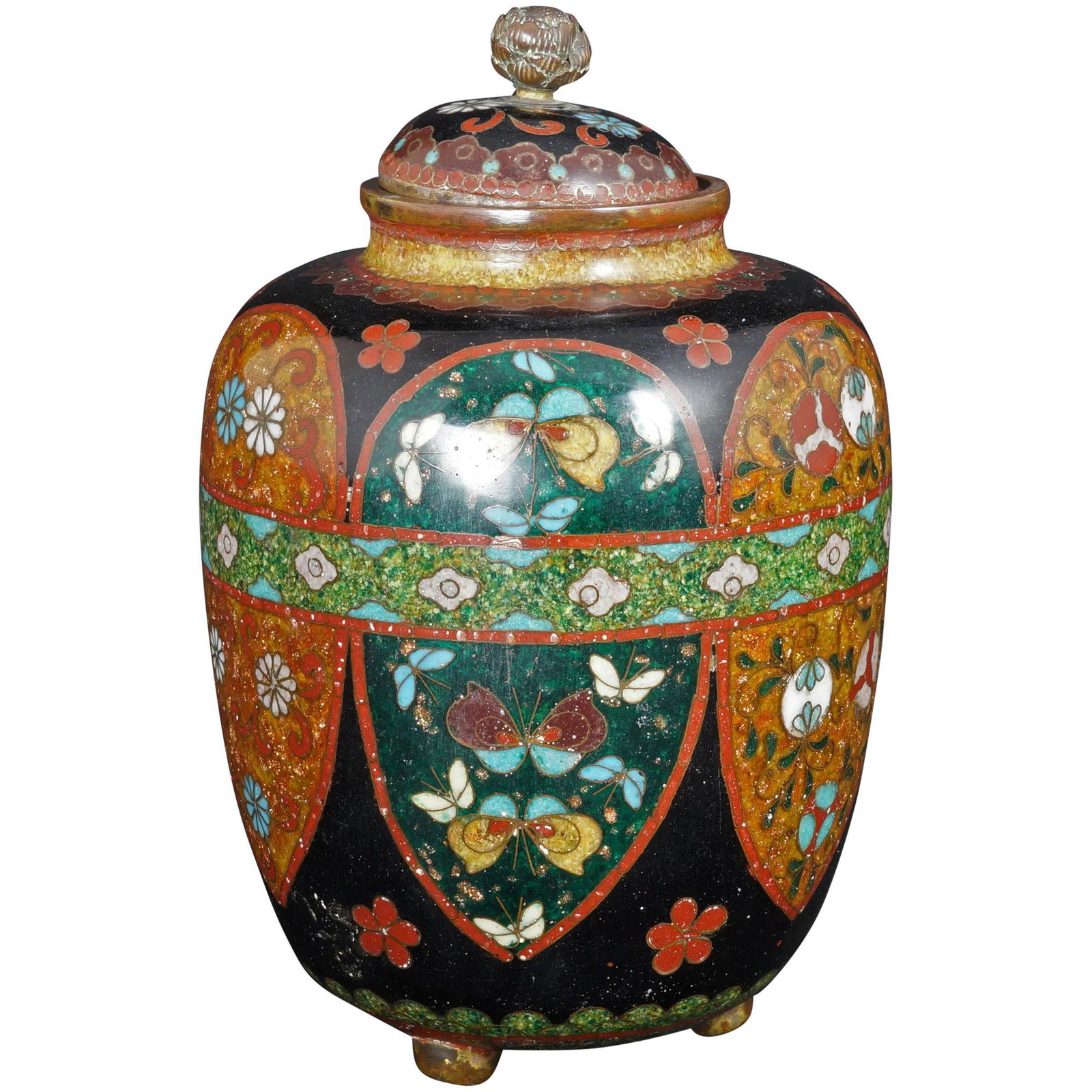 Japanese Meiji cloisonné Ginger Jar late 19th: Title: Japanese Meiji cloisonné Ginger Jar late 19th Century Size: 5 ¾” (14.6 cm) tall x 3 ½” (8.9 cm) diameter. An intricately decorated and intricately worked cloisonné ginger jar with much 