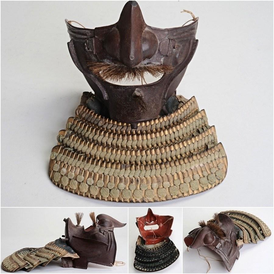 Original Japanese Samurai Menpo gold Edo period.: Japanese Samurai Menpo May (signature): Mumei (unsigned) Early Edo period Iron Menpo in nice condition, with nice patina. The expression is very pleasant, with a wider more flat nose and extremely sha
