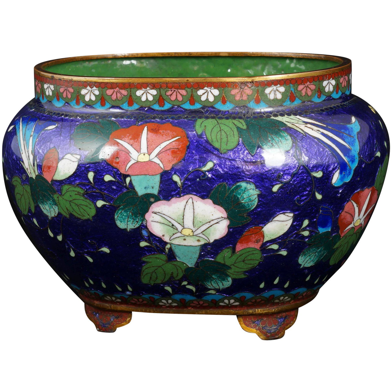 Japanese Ginbari Footed Flower Vessel Meiji Period c: Title: Japanese Ginbari Footed Flower Vessel Meiji Period c 1900 Size: 7” (17.8 cm) tall x 5 ½” (14.0 cm) wide x 4 ½” (11.4 cm) tall. A colorful and reflective flower arranging vessel butterfl