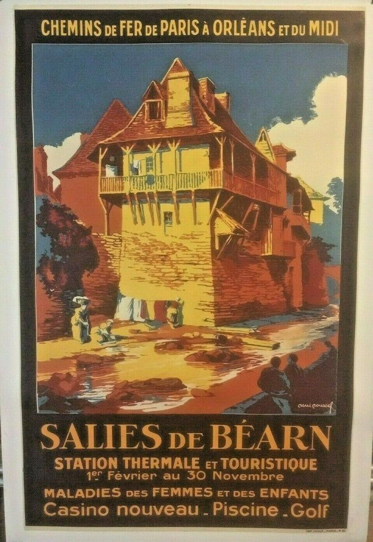 Original Vintage 1931 "Salies de "Bearn" French Travel: Salies de Bearn is a 1931 French Railway poster to an area know for its thermal baths, casino, pool and golf. The artist's name in the image reads Rene Poussel. The lithographic poster is linen backed