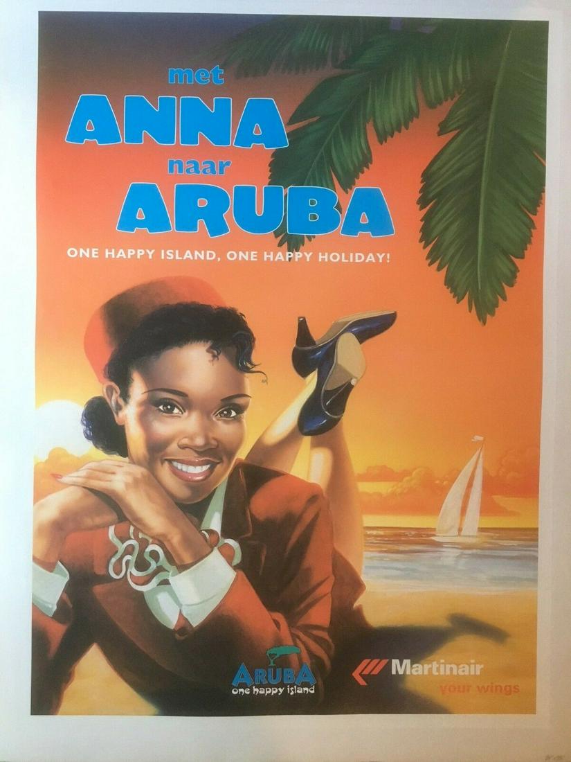 Original Vintage Martinair Airlines Aruba Poster Linen: With bright-eyed Martinair stewardess Anna ready to kick off her shoes, and a sailboat gracefully floating against the background of a sun-setting orange sky, this contemporary Dutch graphic seduces t