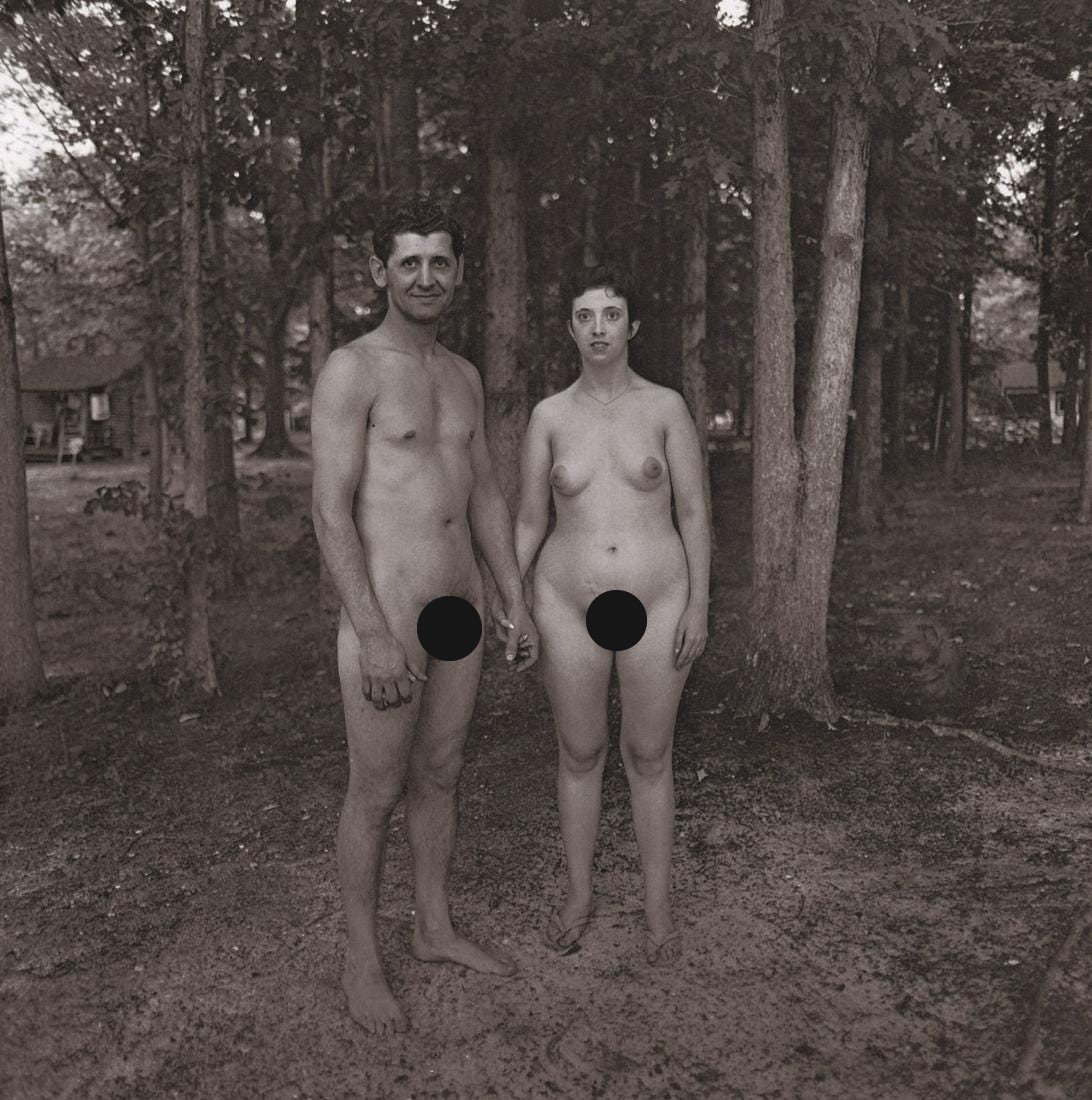 DIANE ARBUS - Husband and wife in the woods at a Nudist: Artist: DIANE ARBUS Print Title: Husband and wife in the woods at a Nudist Camp, NJ, 1963 Medium: Photoengraving Printed 1970’s in the US Image size (inches) approx. 8 x 8” Diane Arbus (1923 –19