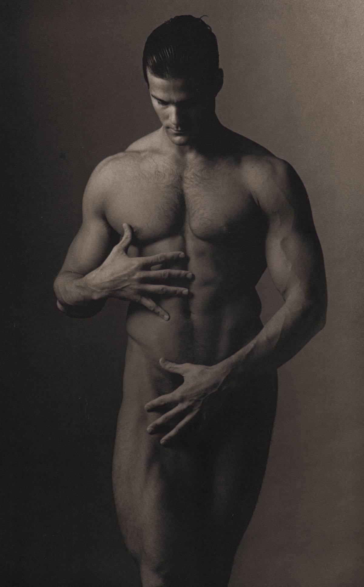 KEN HAAK - Male Nude ,1985: Artist: KEN HAAK Print Title: Male Nude 1985 Medium: Tri-tone Photo-lithographs (Limited edition of 5000) Printed in the 1980’s, in the US Image size (inches) approx. 9 x 5.5” Ken Haak(1923 - 1991