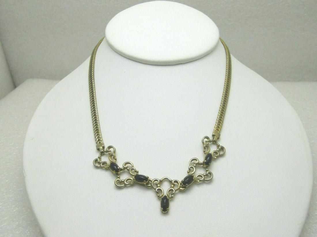Vintage Scrolled Black Stone Choker, 15" Wheat Link,: Vintage Black Stone Scrolled Choker Necklace, 15", 1970's-1980's, floral flip clasp signature. It is a 3.5mm wide wheat chain. Scrolled across the front of the neck with five links and the center is p