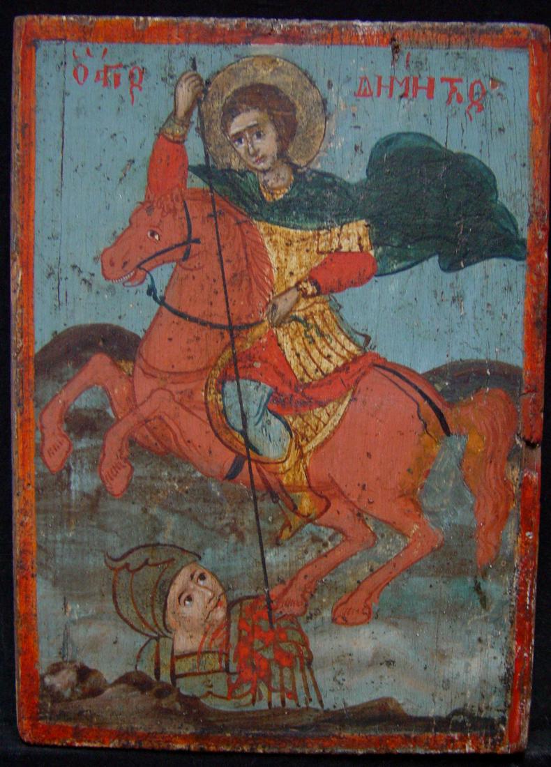 Saint George: Title: Saint George Origin: Russian Antique Religious Icon Date: 19 th century Materials: tempera on wooden board Size: 20 x 14 cm Description: Saint George of Lydda (ca. 275/281 – April 23, 303) wa