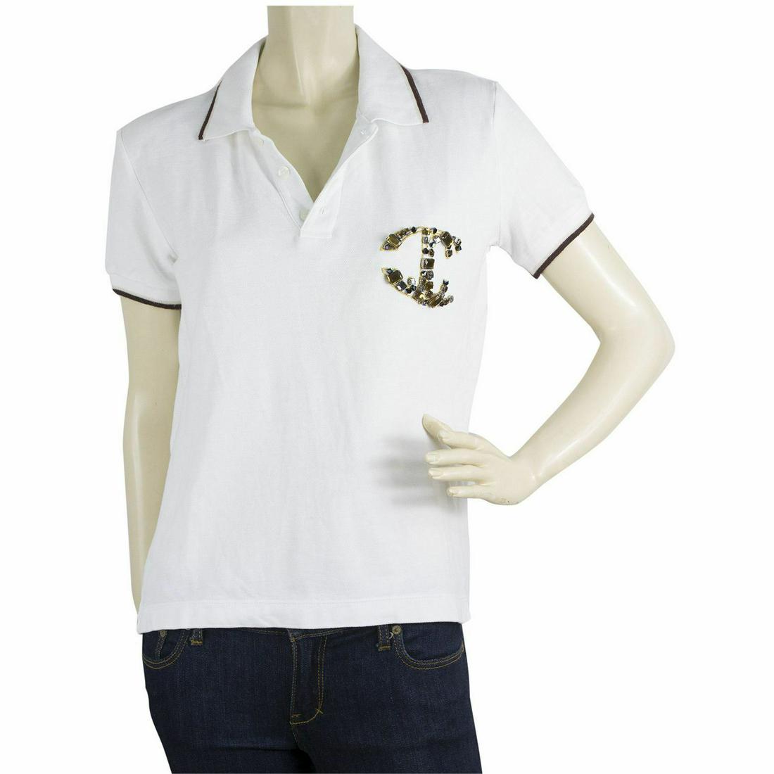 Just Cavalli White Short Sleeve Beaded Large Logo Polo: Just Cavalli White Short Sleeve Beaded Large Logo Polo neck T- Shirt top sz M This Just Cavalli basic top is here to add style to your everyday look . Adorned with large beaded JC logo at the chest in