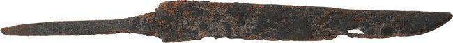 VIKING SIDE KNIFE OR POUCH KNIFE, 879-1067 AD: Cambridgeshire, England. Just over 3 3/4" total length with tapered "whittle tang" which identifies these, as they were used without guards, mounted in a wood or antler grip. (See https://leatherworki