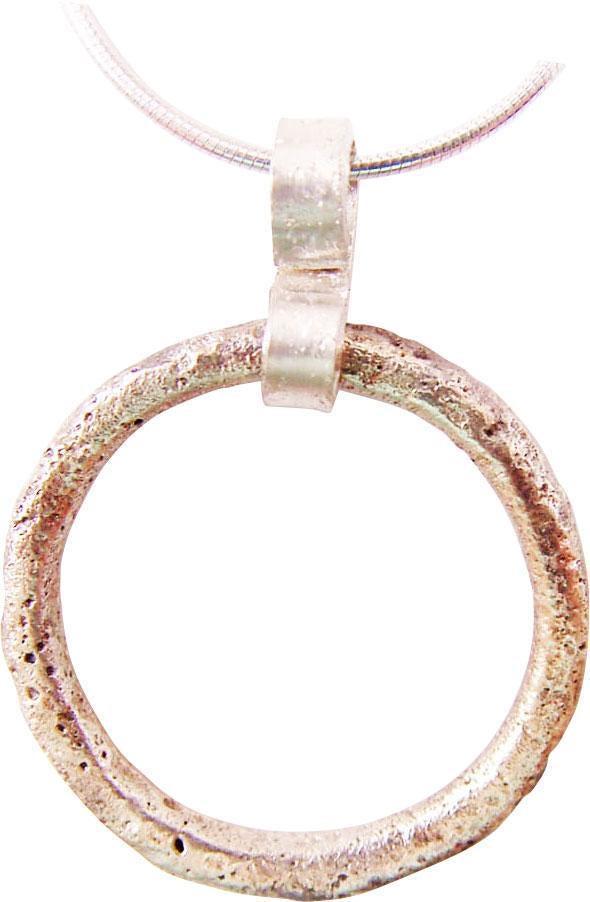 VIKING PROTECTIVE BROOCH PENDANT NECKLACE, 10TH C.AD: Circular bronze, just over 1” diameter of circular form and section. The surface with light texture from burial. Professionally conserved and the silver surface restored. On a modern Sterling si