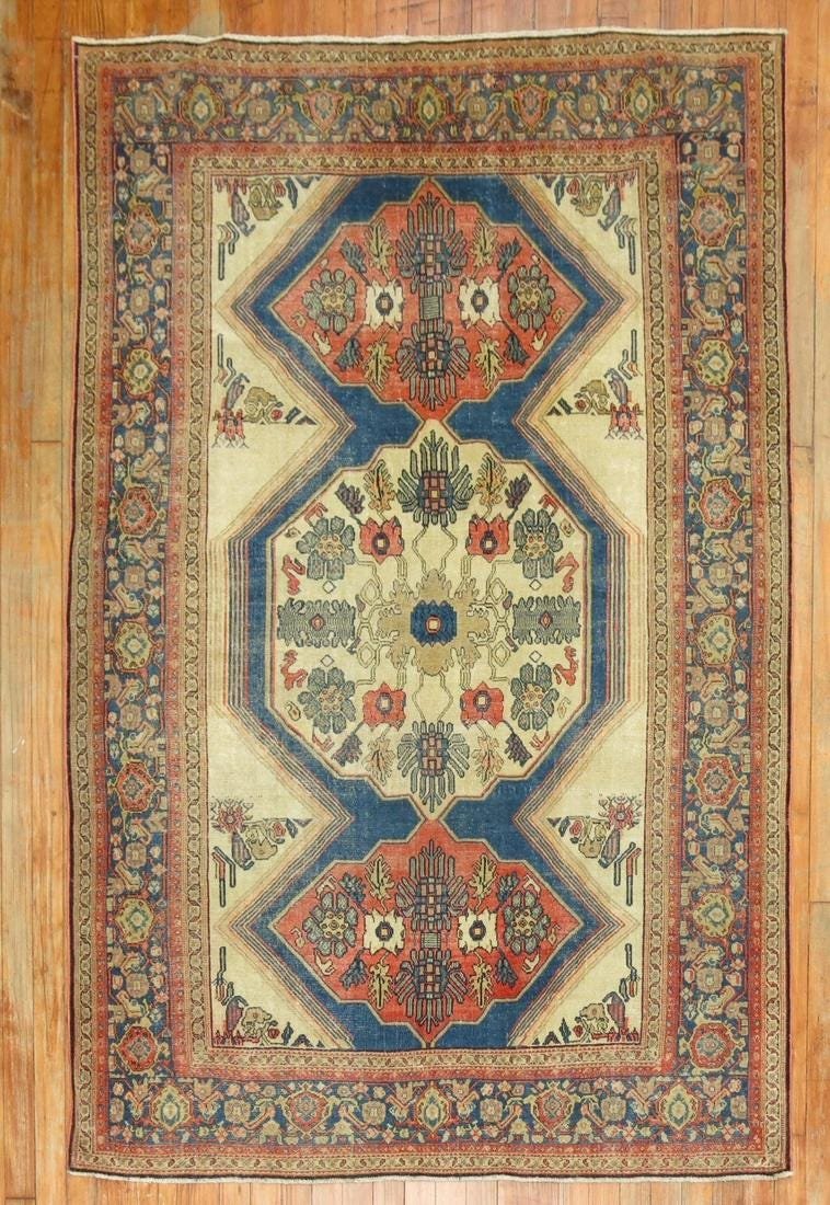 Persian Antique Senneh Rug: Description what looks to be a late 19th century Persian Senneh Weave Rug. overall even wear throughout. Highly decorative, predominant accents in blue, terracotta and beige. Details rug no. j1684 siz