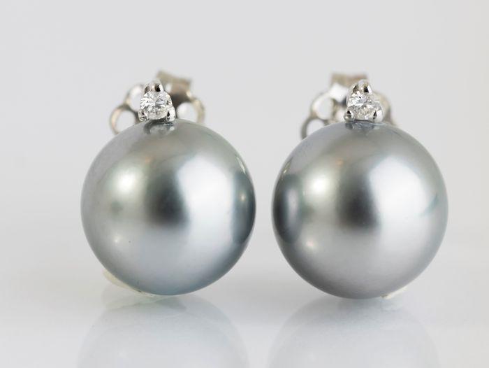 14 kt. Tahitian pearls, White gold - Earrings - 0.04 ct: Title: 14 kt. Tahitian pearls, White gold - Earrings - 0.04 ct Description: Produced by the Pinctada Margaritifera oyster in the tropical lagoons of French Polynesia, these pearls have a natural beaut