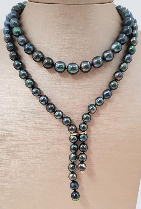 8x11mm Shimmering Peacock Tahitian Pearls - 14 kt.: Title: 8x11mm Shimmering Peacock Tahitian Pearls - 14 kt. Yellow gold - Necklace Description: A beautiful double pearl necklace of peacock green near round Tahitian pearls with exceptional lustre, fin