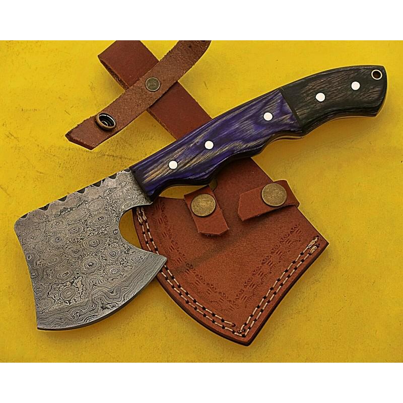 Out door damascus axe handmade colored wood hatchet: Damascus Axe "Somerville" The axe is one of the first human-made tools. Simplicity of perfection is the very word used to describe damascus axes. The ax has great impact power, it cuts through armor w