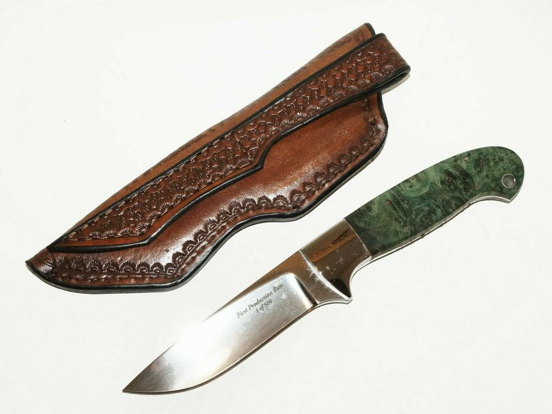 Schrade D'holder 2000 Millennium Green Burl Maple Knife: Up for sale from a recent estate in Honolulu Hawaii, this 2000 Schrade and D'holder millennium collaboration knife with leather sheath and a distinctive tapered tang. The first production run of 500 h