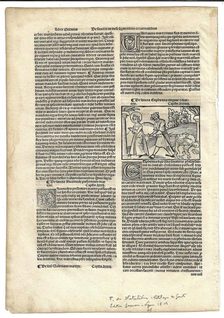 1519 Leaf Catalogus Sanctorum Woodcut Esther Euphemia (1 of 3)