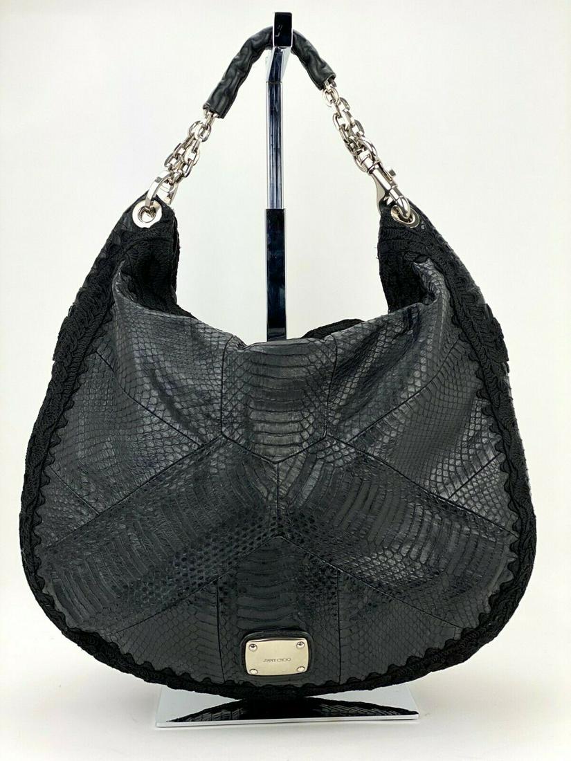 Jimmy Choo Black Python and Crocheted Lace Trim Hobo (1 of 12)