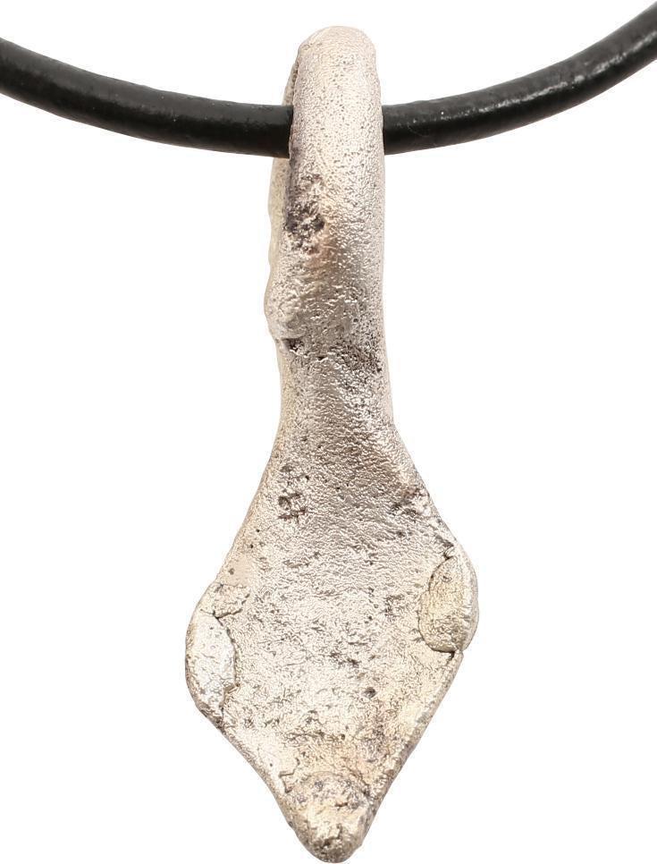 VIKING SORCERER'S AMULET NECKLACE C.850-1050 AD: Slightly under 1 1/4" height. Bronze, originally silvered, shaped as a well-delineated duck's foot with large suspension loops. A burial at Viden, Denmark contained the body of a woman of wealth and s