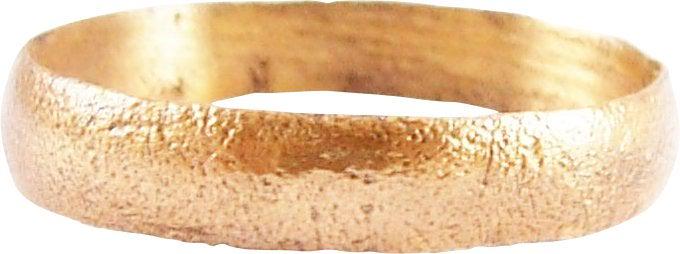 VIKING MAN'S WEDDING RING C.850-950 AD SZ 10: Broad 3.7mm width round-faced band. Gilt bronze, fine large wearable size 10. Vikings exchanged rings on the pommel of the groom's sword. Professionally refurbished with the 24K gold overlay restored