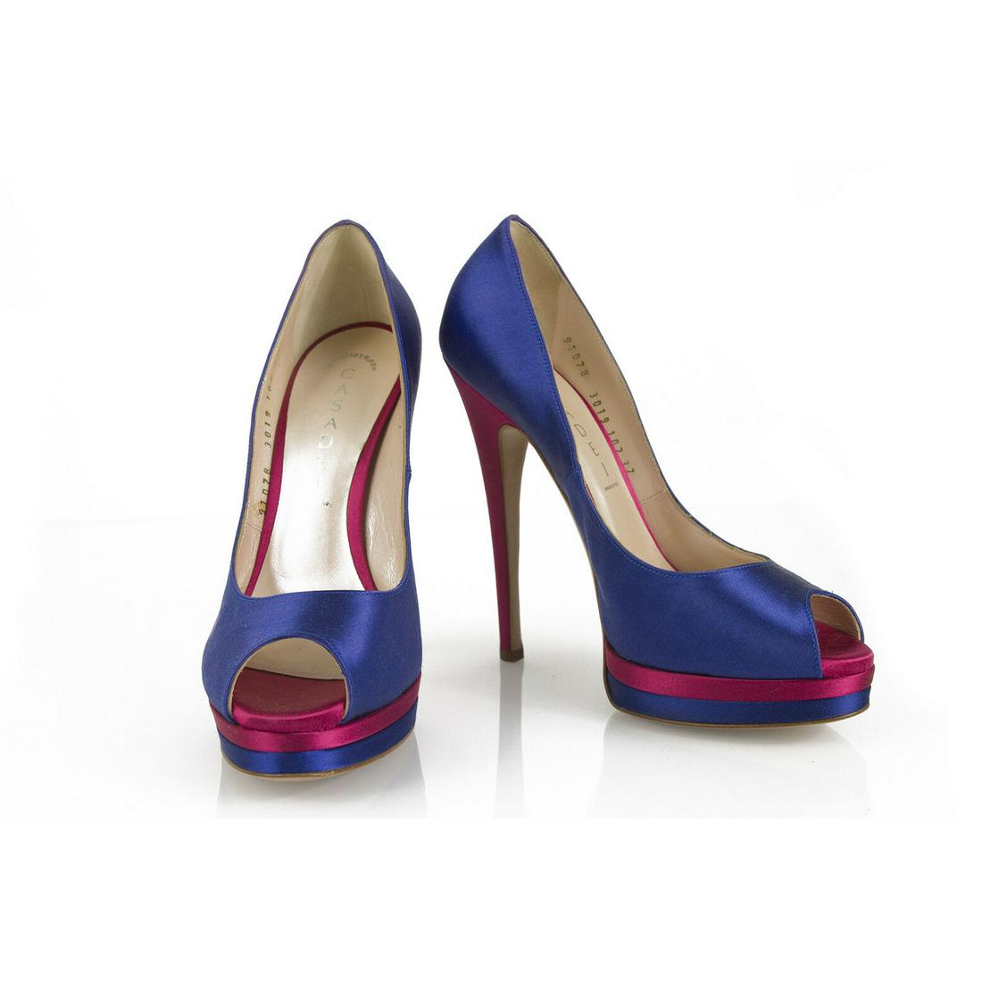 Casadei Blue & Purple Satin High Heels Peep Toe Pumps: Casadei Blue & Purple Satin High Heels Peep Toe Pumps Platform Shoes sz 37 These Casadei peep toe heels are soooo elegant and out of the ordinary at the same time !! They feature 2cm platform, peep to