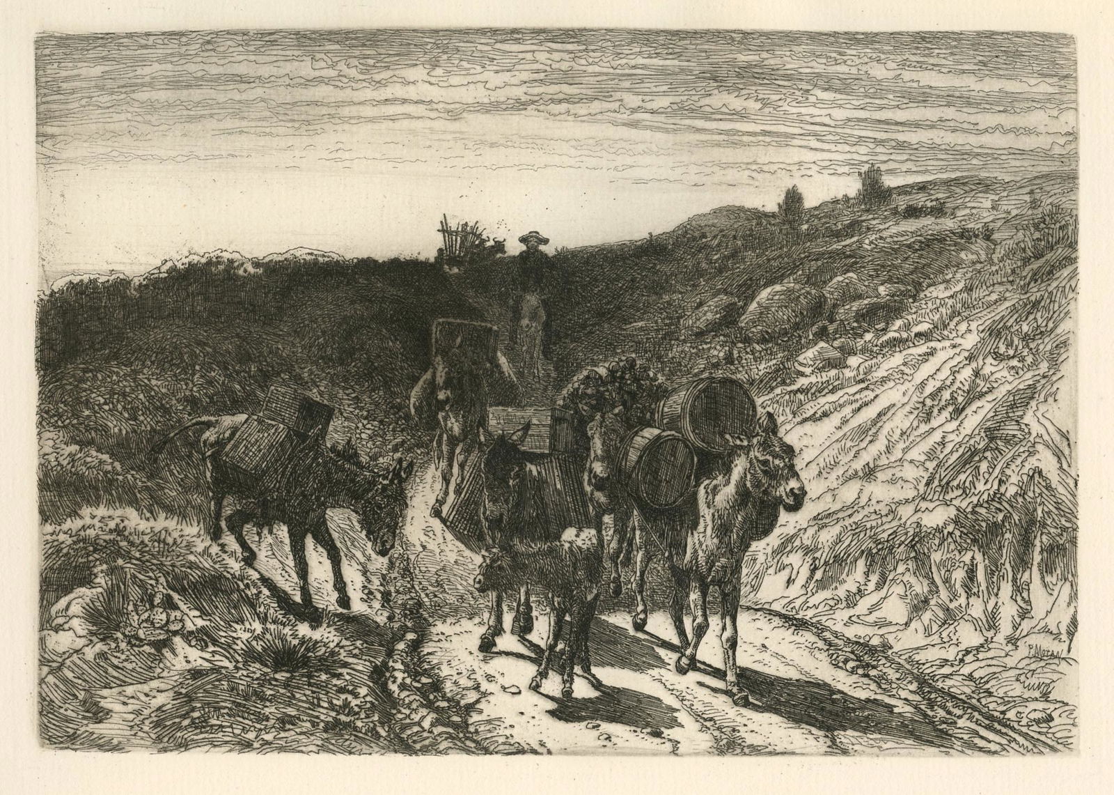 Peter Moran original etching "A Burro Train, New: Medium: original etching. Catalogue reference: White 1. This impression on laid paper was printed in 1880 for The American Art Review. The plate measures 6 1/2 x 9 3/8 inches; the sheet size is 9 x 12