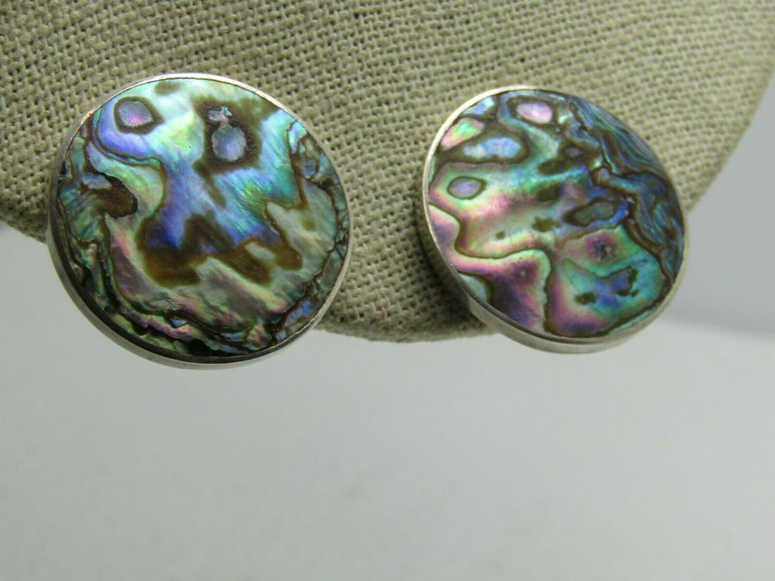Vintage Sterling Abalone Taxco Earrings, Mexico, Screw: Vintage Sterling Silver Abalone Earrings, Taxco, Mexico, 1940's-1950's, signed Sterling and tested and also signed Taxco, Mexico. These are 1-1/8" across, bezel-set. The abalone has beautiful bright c