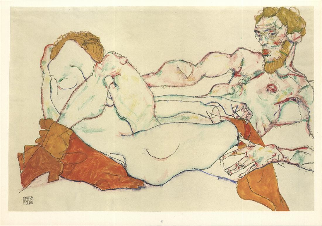 Egon Schiele - Entwined Reclining Couple: Title: Entwined Reclining Couple Artist: Egon Schiele Additional Information: "Entwined Reclining Couple" by Egon Schiele, 1968 Unsigned Offset Lithograph. Paper size is 13.75 x 19.5 inches, with an i