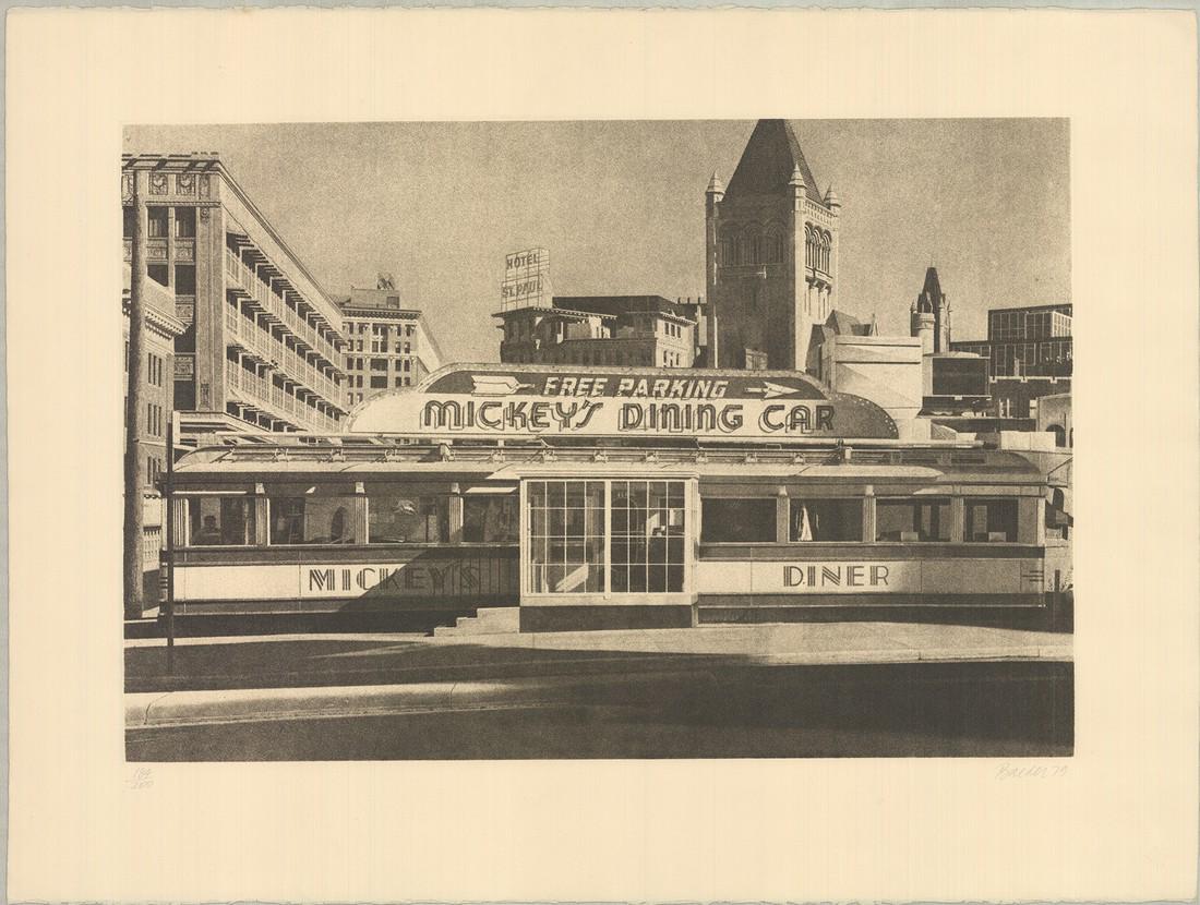 John Baeder - Mickey's Dining Car: Title: Mickey's Dining Car Artist: John Baeder Additional Information: "Mickey's Dining Car" by John Baeder, 1979 Signed Etching. Paper size is 22.25 x 29.75 inches, with an image size of 16 x 23.75 i