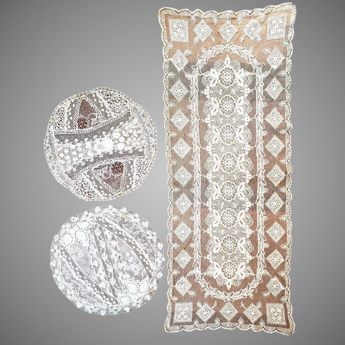Antique Victorian Lace Panels Needle bobbin Duchese: This is an array of Victorian Handmade Lace one long panel and 2 round Dollies. A combination of Milanese braided lace, Bobbin Lace, Belgian Duchese, Point D'Angletere. Needle lace. In stunning design
