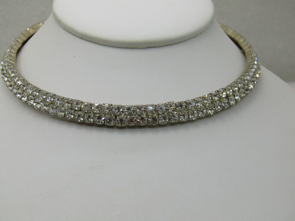 Vintage Double Row Rhinestone Choker Collar Necklace,: Vintage Double Row Rhinestone Choker Collar Necklace, 13.5" with an opening of 4.25" from front-to-back and side-to-side. The two rows are angled and stacked in their design and it is appx. 3/8" wide.