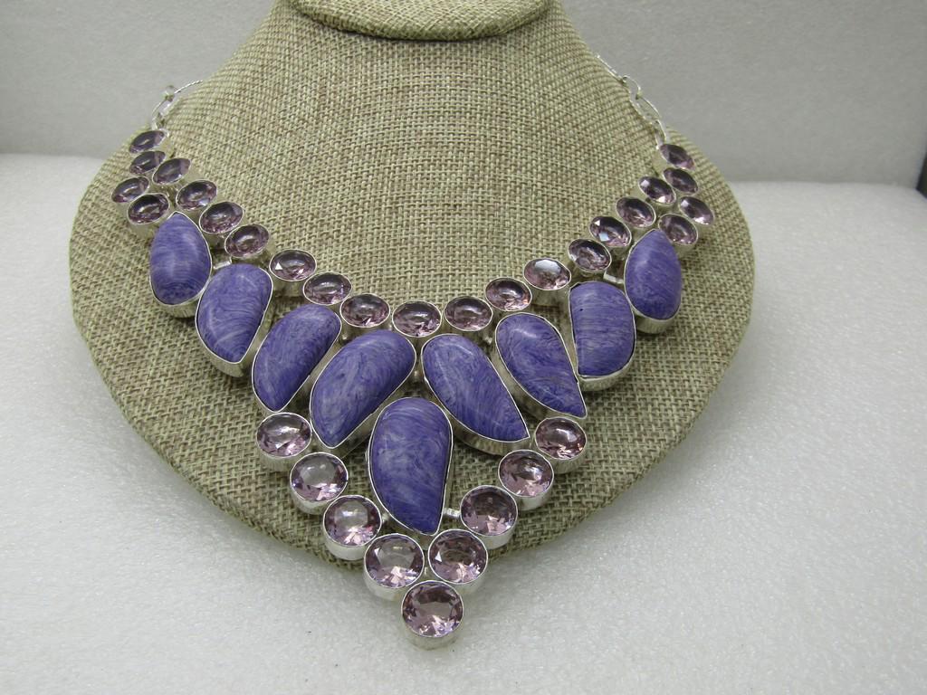 Simulated Charoite & Amethyst Statement Bib Necklace,: Simulated Charoite & Amethyst Statement Bib Necklace, 19", Toggle Clasp. 5" width of the bid that drops 3" at the front but 6" from the top bezel-set stone. This was purchased through an auction where