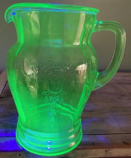 BALLERINA CAMEO GREEN DEPRESSION URANIUM GLASS PITCHER: Title: BALLERINA CAMEO GREEN DEPRESSION URANIUM GLASS PITCHER Date/period: approx 1930's Dimensions: 8.5" Material: glass Description: Lovely ANCHOR HOCKING BALLERINA CAMEO GREEN DEPRESSION URANIUM GL