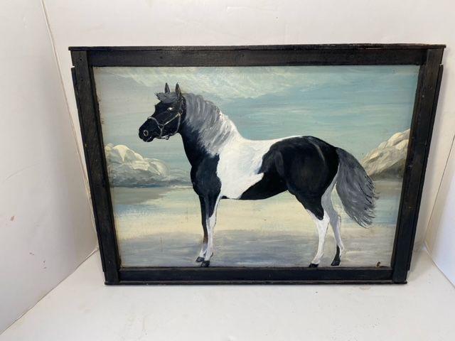 Folk Art Horse Painting: Title: Folk Art Horse Painting Dimensions: 15" x 20" Provenance/Additional Info: A naive folk painting of someone's favorite horse, signed L. Smith, painted on an old Coca Cola advertisement, paint ch