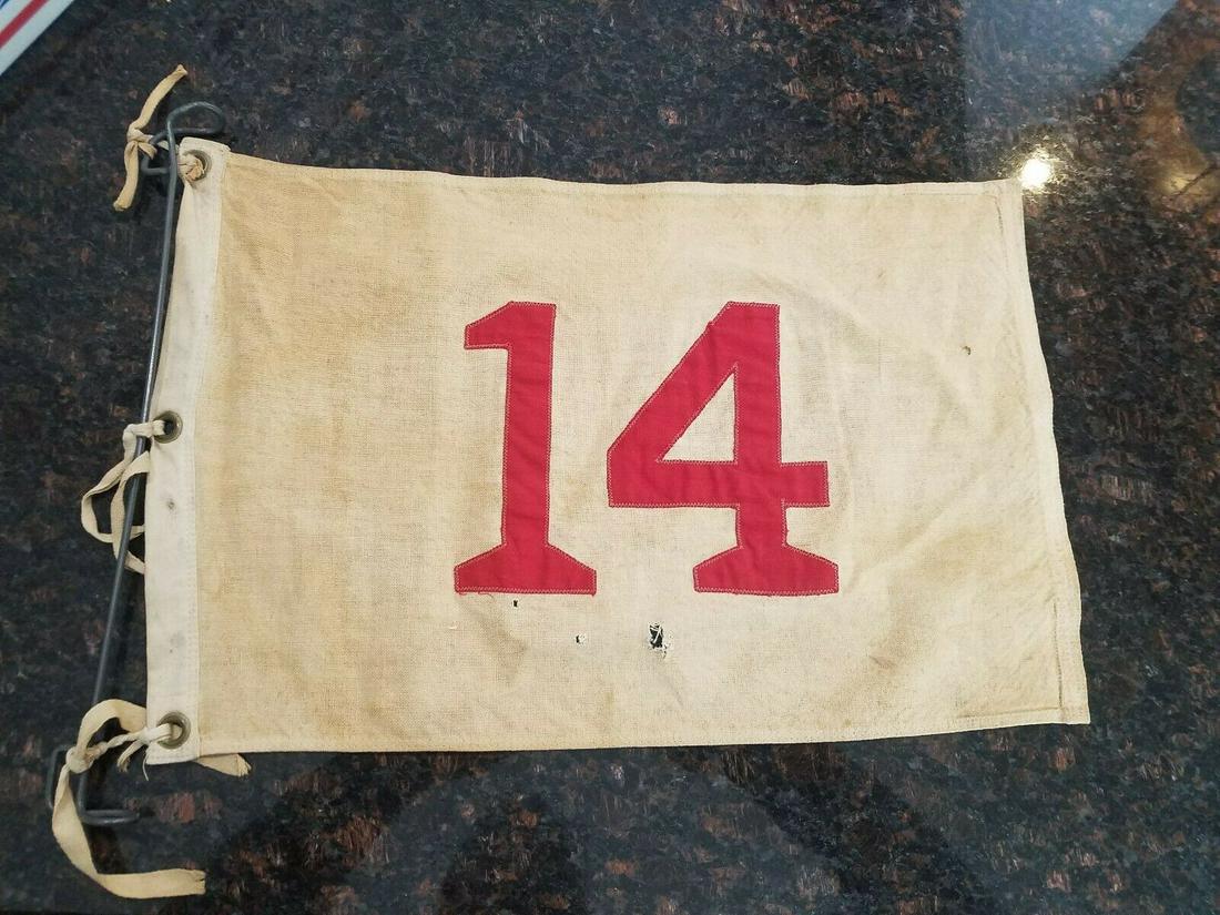 14th hole 1950 pin golf Flag - 12 x 19" cotton: Excellent condition. Neat old piece. Amazing that this survived.Cotton. Sewn . Shipping includes insurance. Shipping: Domestic: Flat-rate of $12.00 to anywhere within the contiguous U.S. International