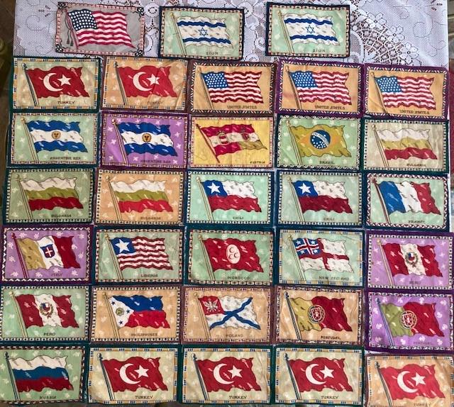 1910-1915 Antique Cigar Flags: Title: 1910-1915 Antique Cigar Flags Date/period: approx 1910-1915 Dimensions: EACH MEASURE APPROX Material: CLOTH Description: LOVELY LOT OF 33 CIGAR FLAGS WITH VIVID COLORATION AND DESIGN Shipping: 