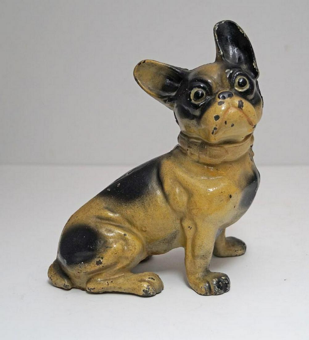 Antique Sitting French Bulldog Dog Cast Iron Hubley: Title: Antique Sitting French Bulldog Dog Cast Iron Hubley Doorstop Date: Circa 1930's Dimension: 8" tall x 7" wide Provenance: Offering a full-figure sitting French Bulldog cast iron Doorstop. Depict