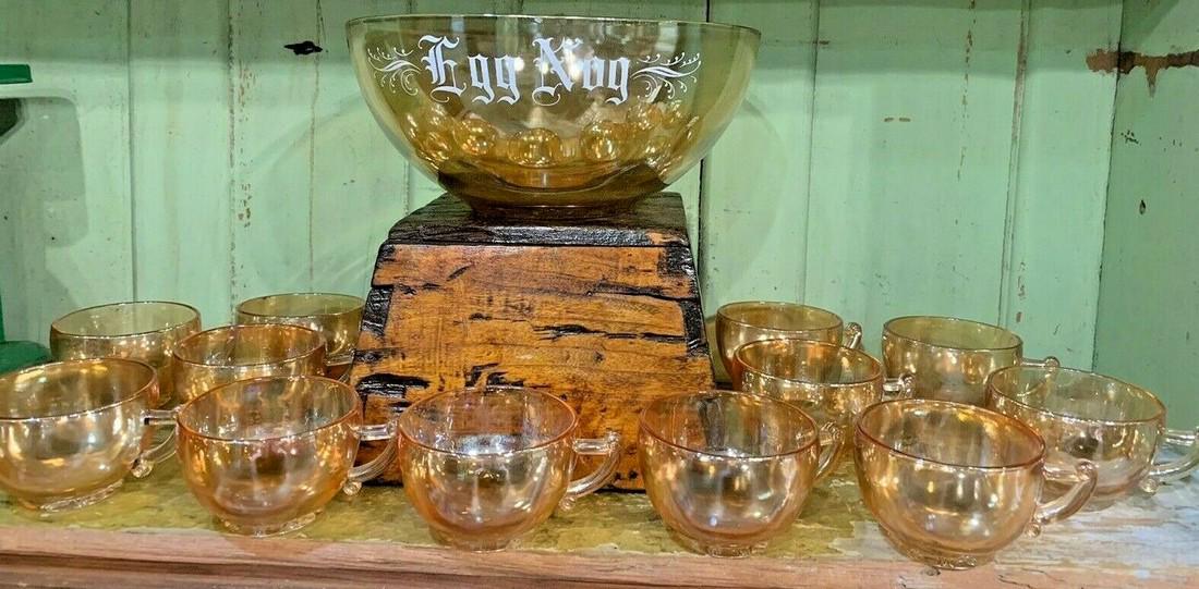 MARIGOLD CARNIVAL GLASS EGG NOG SET (1 of 5)