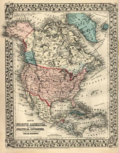 Map of North America showing its Political Divisions: Title: Map of North America showing its Political Divisions Artist: S. Augustus Mitchell, Jr. Medium: Lithograph Dimensions: 13 1/2 x 10 1/2 Description: 1881 map of North America Reserve: $60.00 Ship