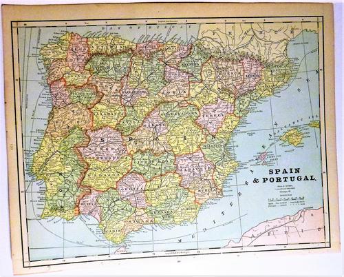 Spain & Portugal 1891: Title/Content of Map: Spain & Portugal 1891 Date Printed: 1891 Material/Medium: Paper Size: approx 11.5x14.5 inches Cram's Atlas of the World. Geo. F. Cram, Chicago Reserve: $30.00 Shipping: Domestic