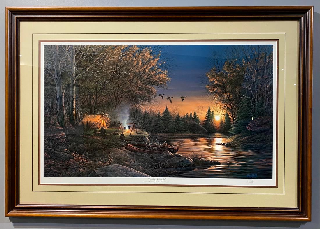 Evenging Solitude: Title: Evenging Solitude Artist: Terry Redlin Description: Signed limited edition print by Artist Terry Redlin. Beautiful twighligt campfire scene. Redlin was often considered America's most popular a