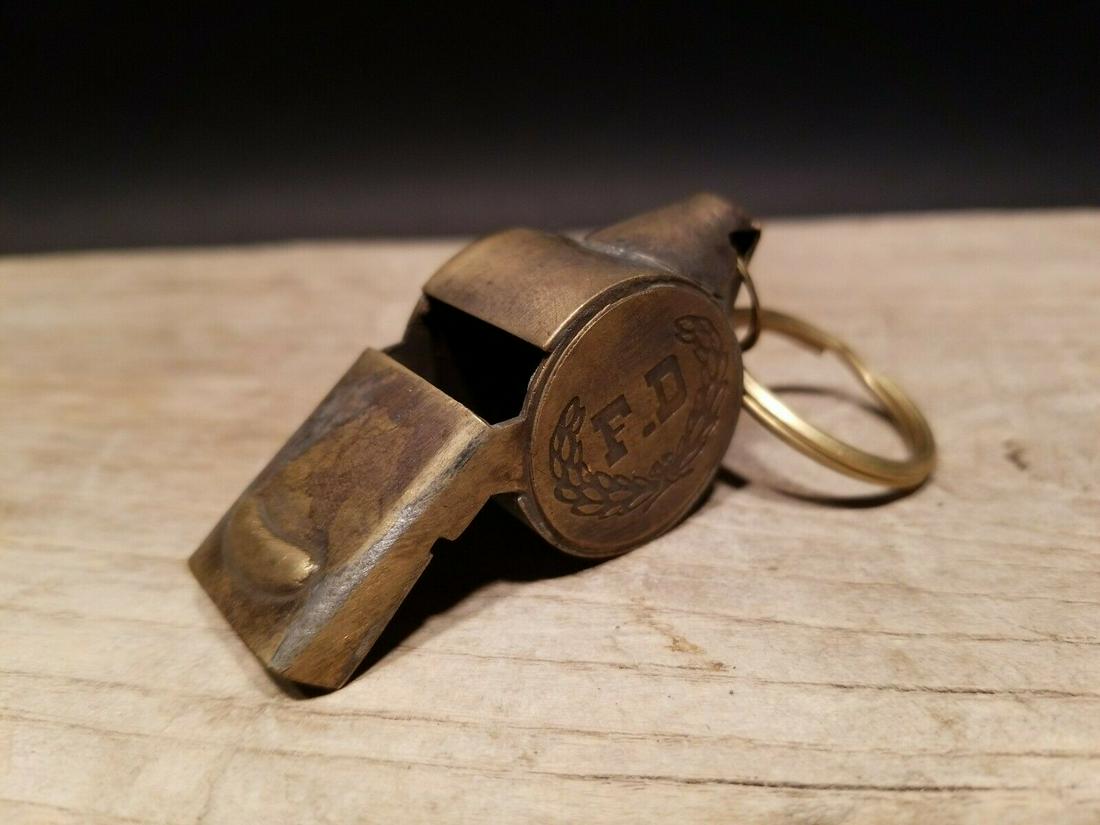 Fireman Fire Fighter Whistle F.D: 2 3/8" Long x 1" wide Such a neat reproduction fire whistle! All brass, made to look original. Really loud!! It has a cork ball just like the originals. Certainly hard to guess its age! Great for use