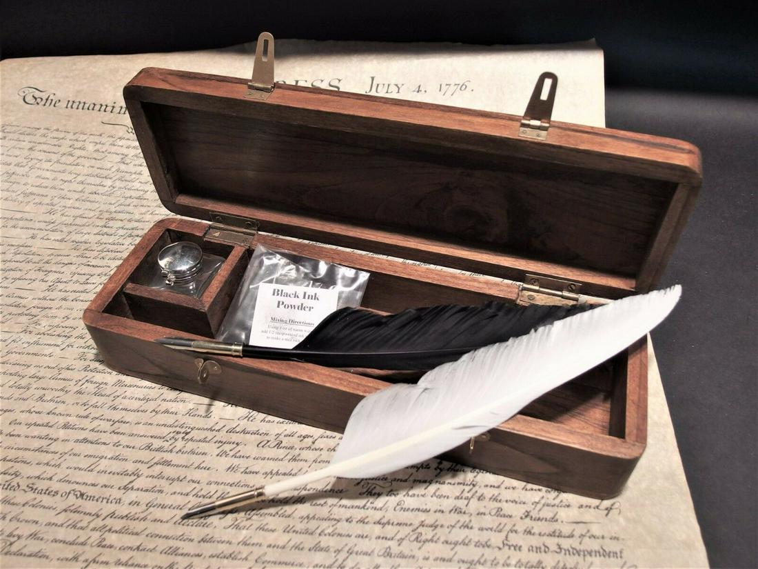 Wood Writing Box Desk Set w Inkwell 2 Feather Dip Pen: Box measures: 13" long x 4" Deep x 2 5/8" High Inkwell Measures: 1 5/8" x 1 3/4" x 1 3/4" High Great reproduction of an antique wood inkwell pen box set. Made from a beautiful teak hardwood with a lig