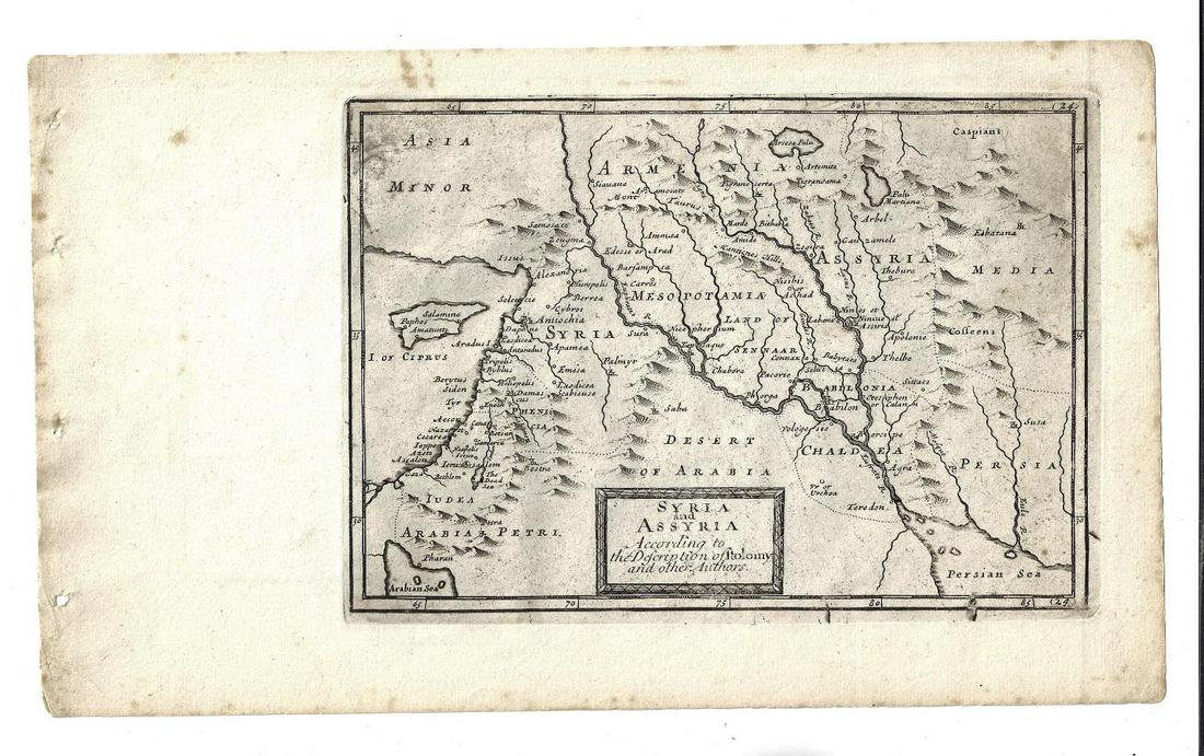 1747 Map of Syria and Assyria: A map of "Syria and Assyria According to the Description of Ptolomy and other authors". Printed at London for John and Paul Knapton, 1747. Fine condition, the actual map measures 9.25 x 6.5", with amp